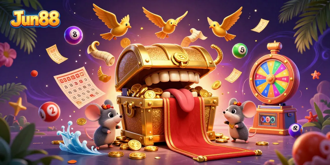 Experience thrilling wins at Jun88 with colorful lottery balls, a treasure chest, and dynamic casino elements.