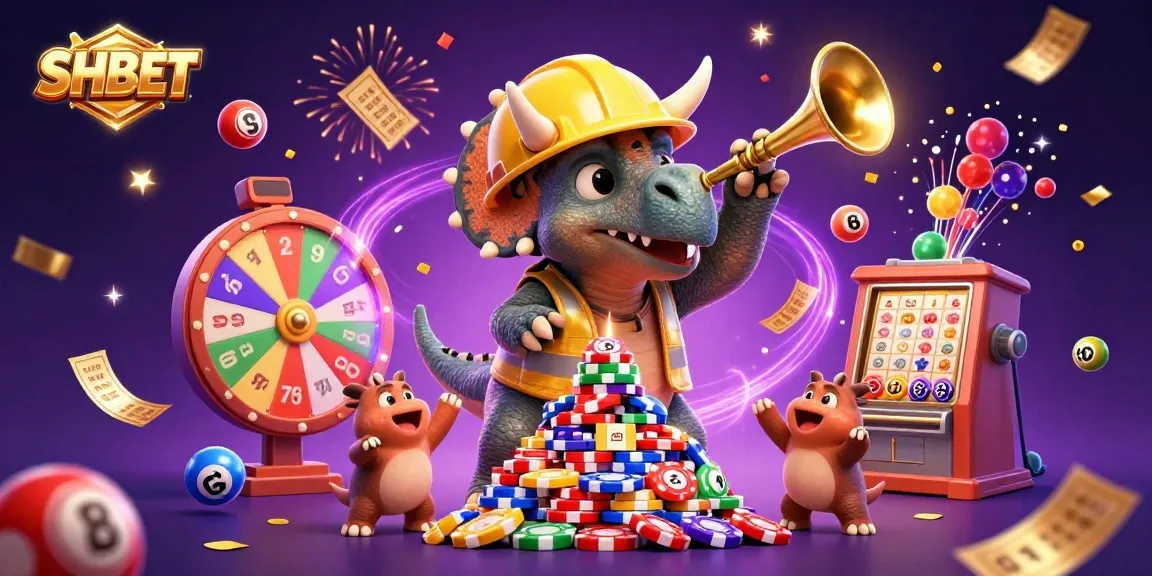 SHBET brings excitement to gamblers with a cartoon triceratops building a poker chip pyramid amidst a celebration of wins.