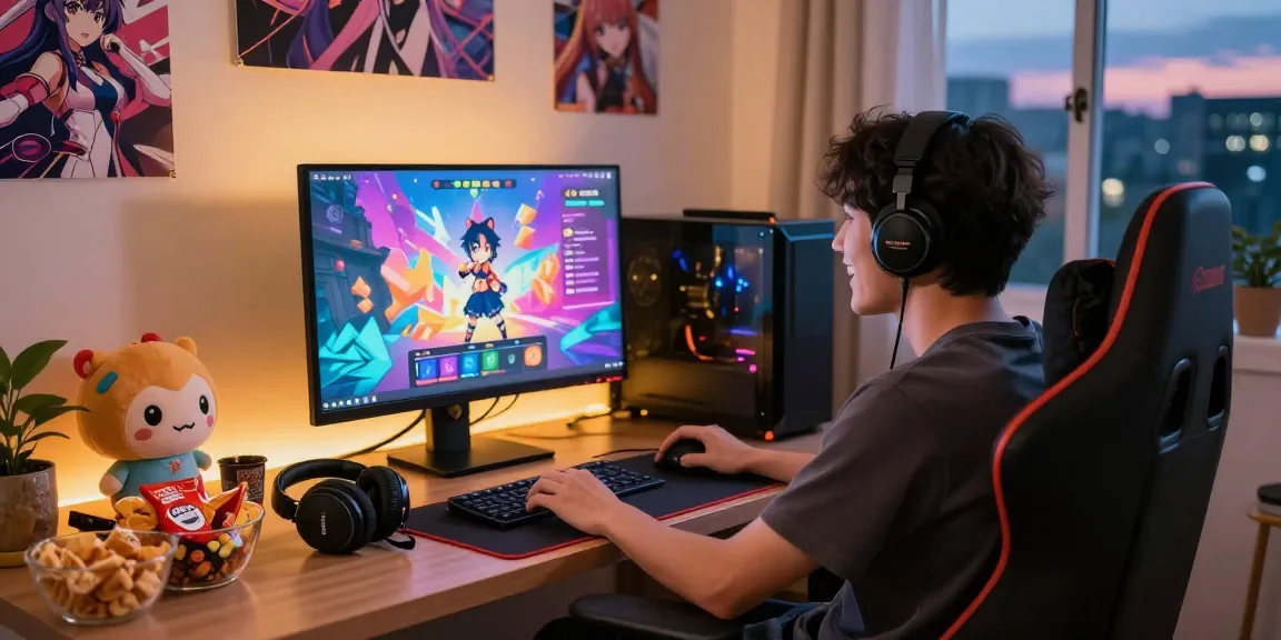 Player enjoying hentai games at home with vibrant gaming setup and snacks.