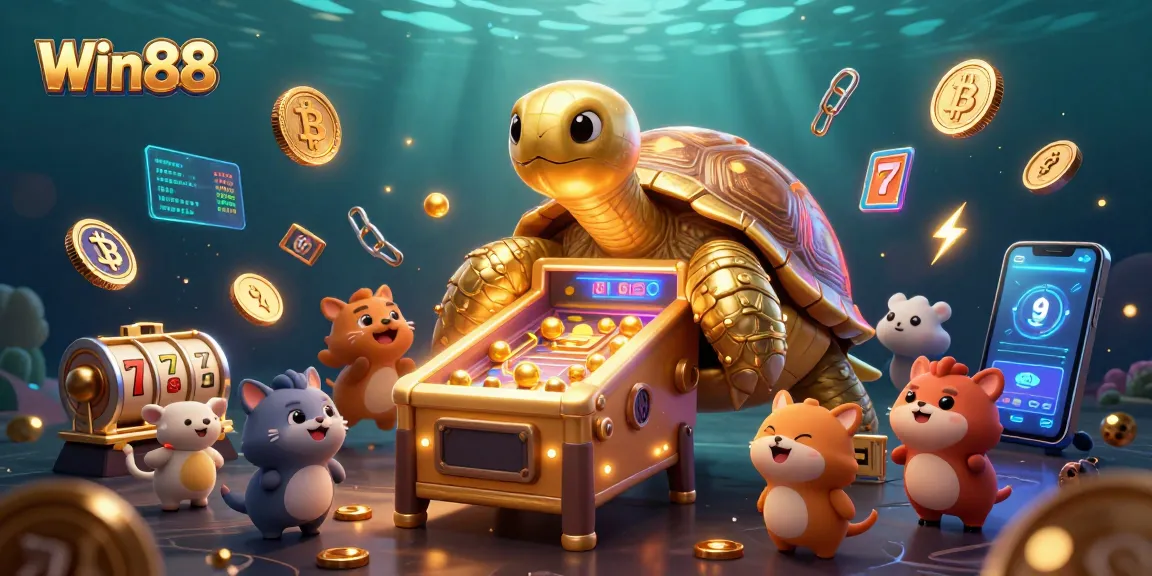 Win88 features a colossal tortoise pinball machine with excited animals playing amidst vibrant slot game elements.