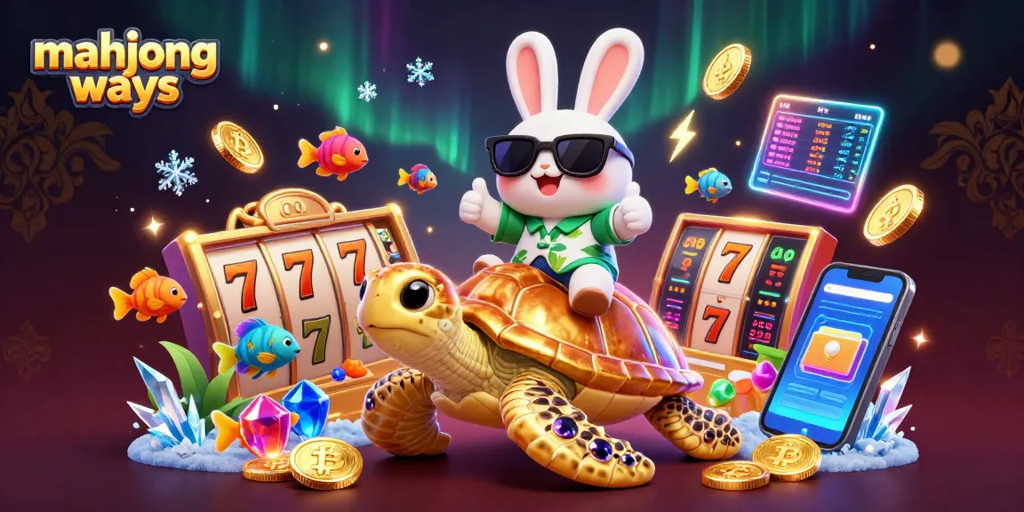 Play mahjong ways with fun as a lucky rabbit rides a golden turtle surrounded by vibrant casino elements.