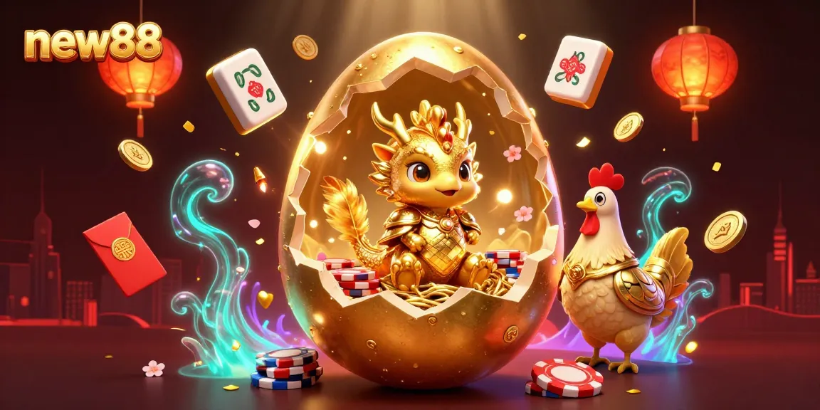 Experience the excitement of new88 with this vibrant illustration showcasing golden casino themes and characters.