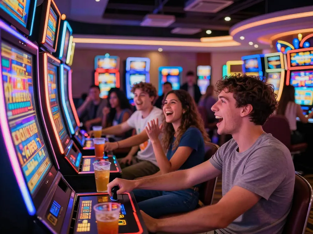 Excited friends enjoying slot thailand at a vibrant casino.
