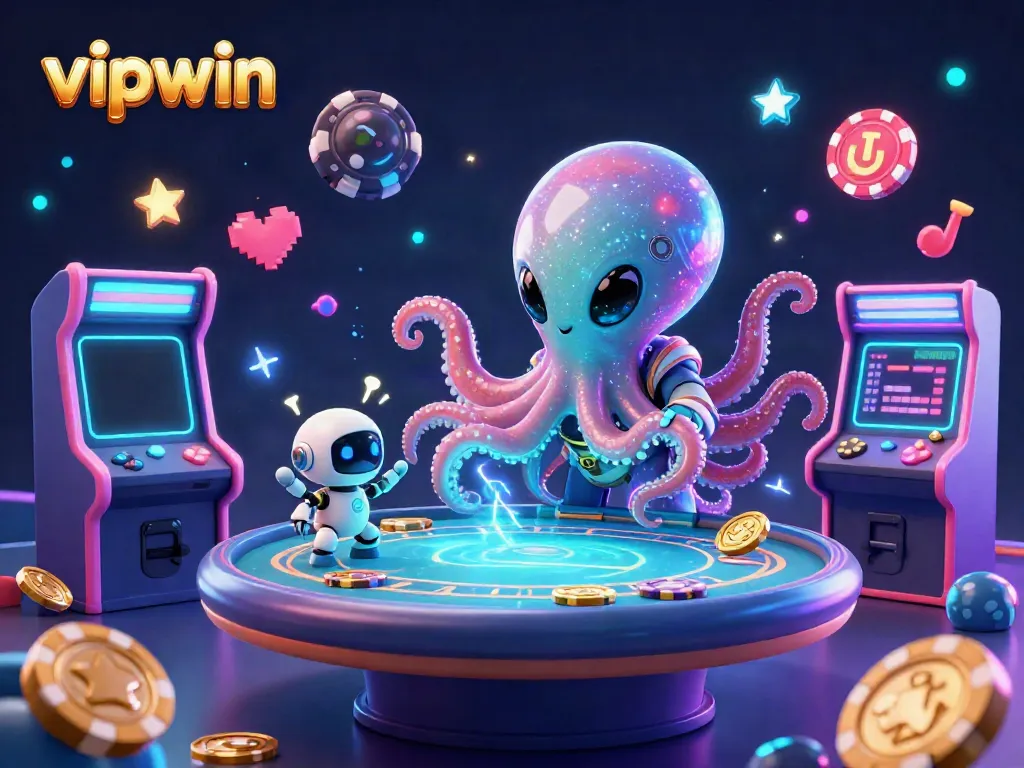 Experience jackpot thrills at vipwin with a vibrant alien octopus running a holographic poker game.