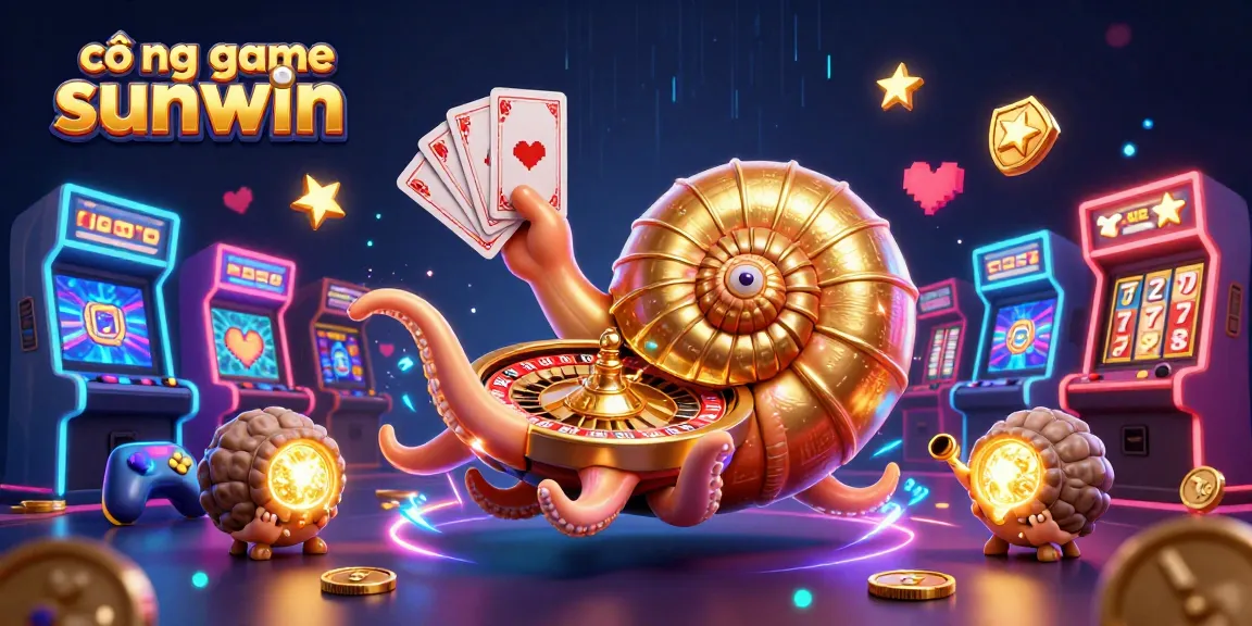 Cổng game sunwin showcases an ancient nautilus roulette wheel amid vibrant casino game elements and glowing companions.