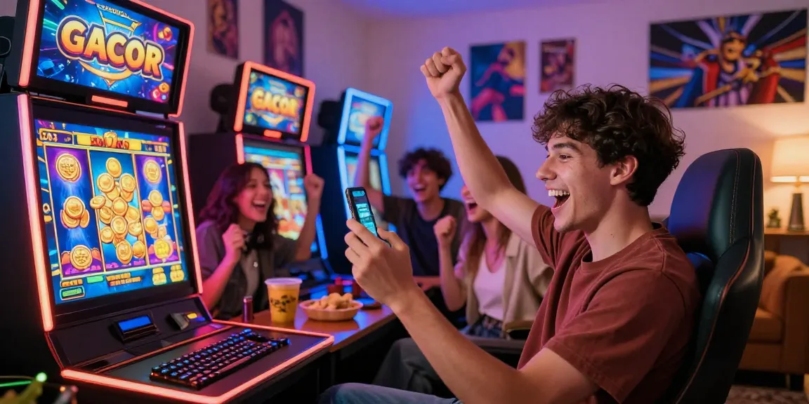 Group celebrating a win playing slot gacor on smartphones in a vibrant gaming atmosphere.