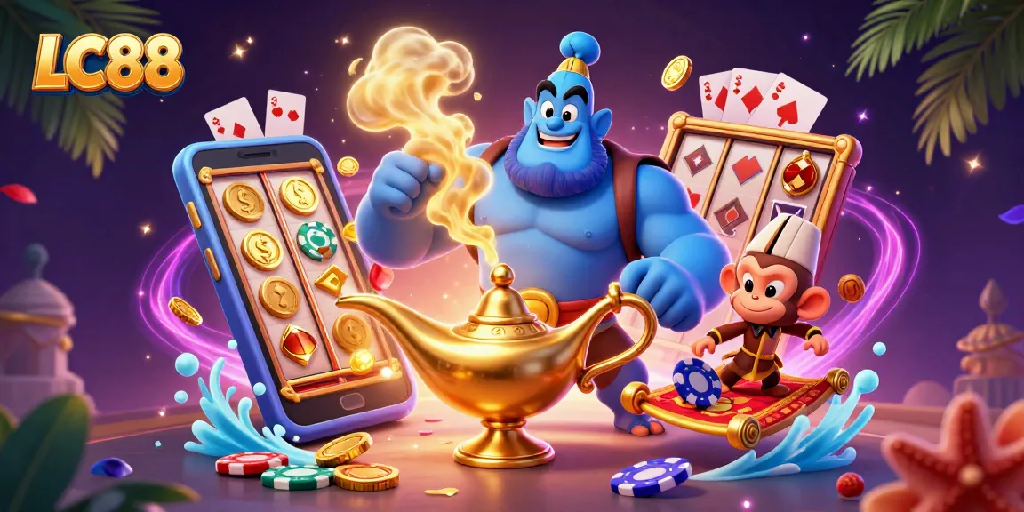 Play exciting games at LC88 with the animated genie and vibrant casino elements.