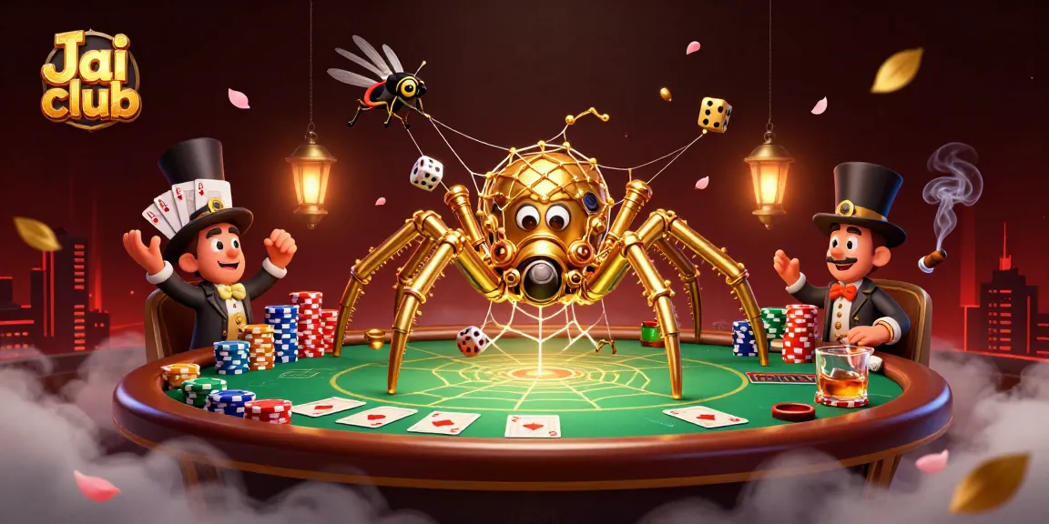 Engage in thrilling gaming with Jai club amidst a 3D cartoon casino scene filled with poker elements.