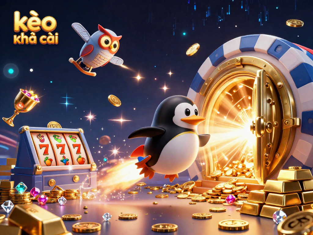 Experience the thrill of kèo nhà cái with a golden penguin soaring to a casino space station, surrounded by riches.