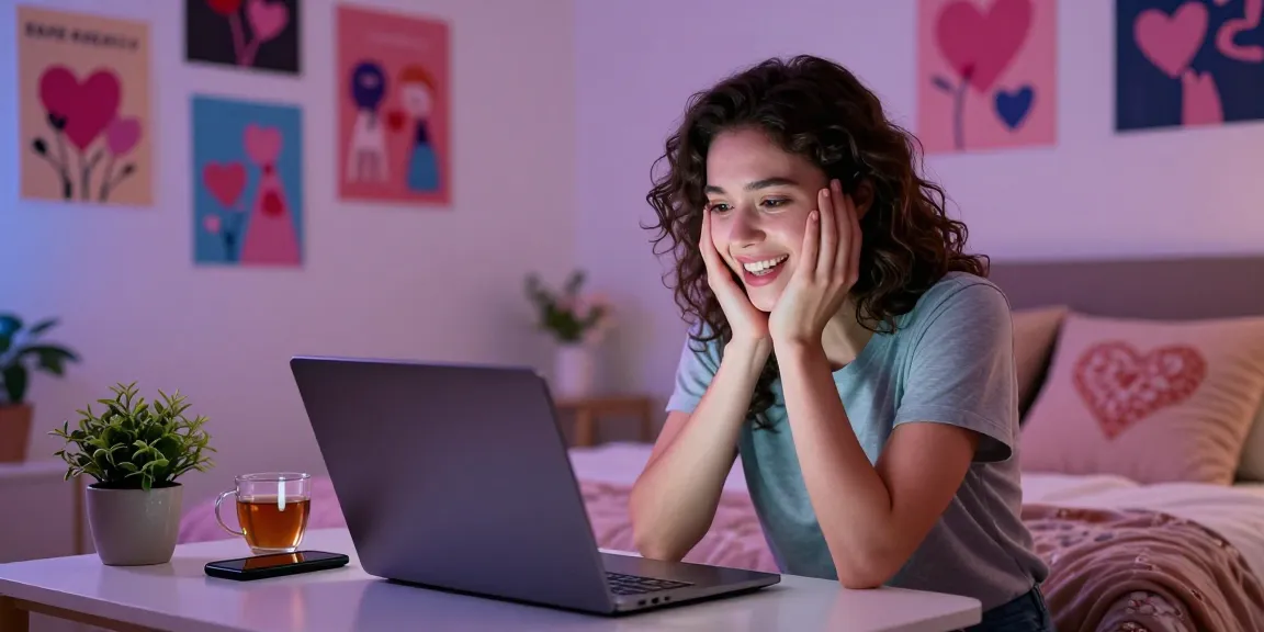 User engaging with an NSFW AI girlfriend on a laptop in a cozy bedroom.