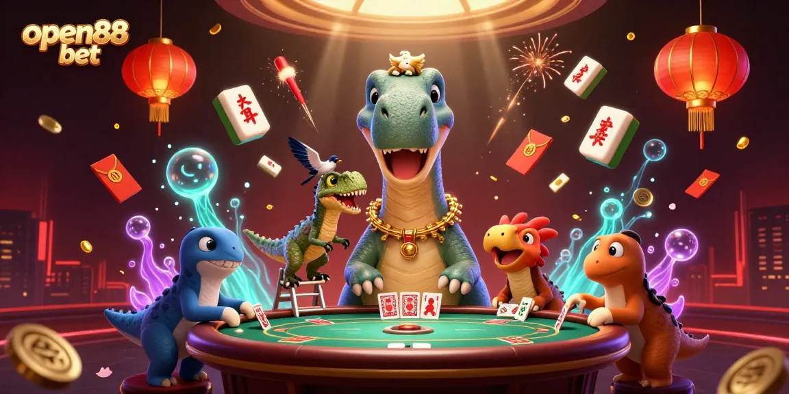 Experience thrilling gaming action with open88 bet in a vibrant 3D casino scene featuring dinosaur characters.