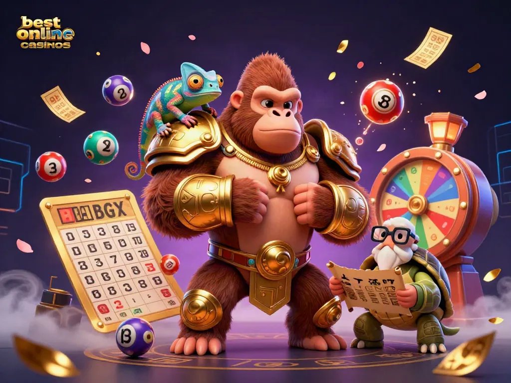 Engage with the best online casinos through a vibrant 3D digital illustration featuring a gorilla, chameleon, and tortoise with dynamic casino elements.