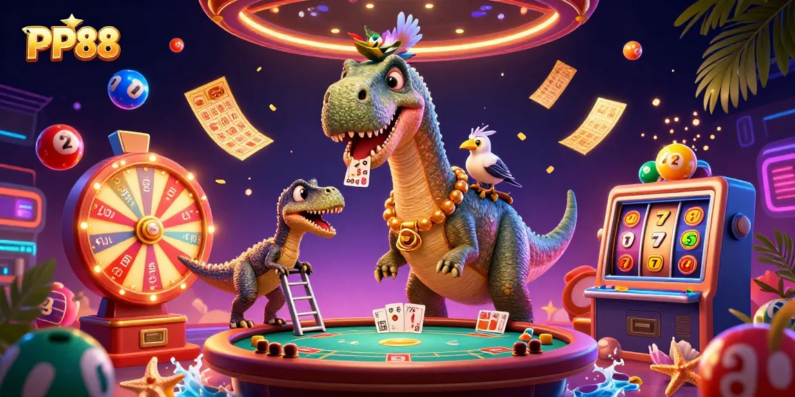 Engage with exciting games at PP88 with a brontosaurus overseeing poker and vibrant visuals.