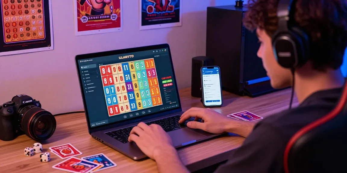 Engaged player enjoying ULARTOTO, with colorful lottery numbers and gaming paraphernalia in a lively home setting.