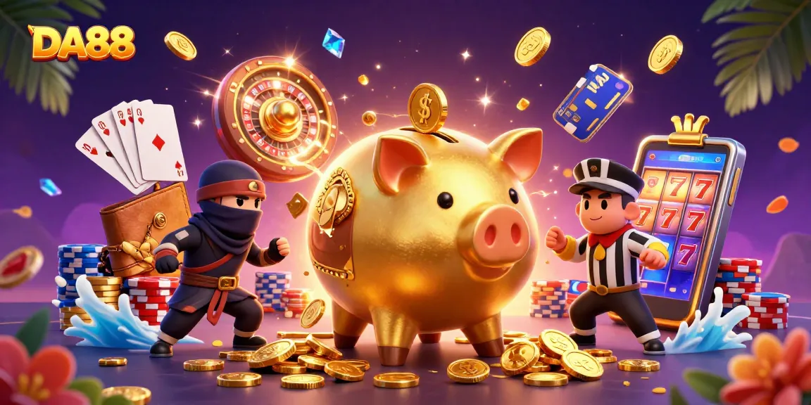 Experience thrilling gambling action with DA88 featuring vibrant casino characters, coins, and energy.
