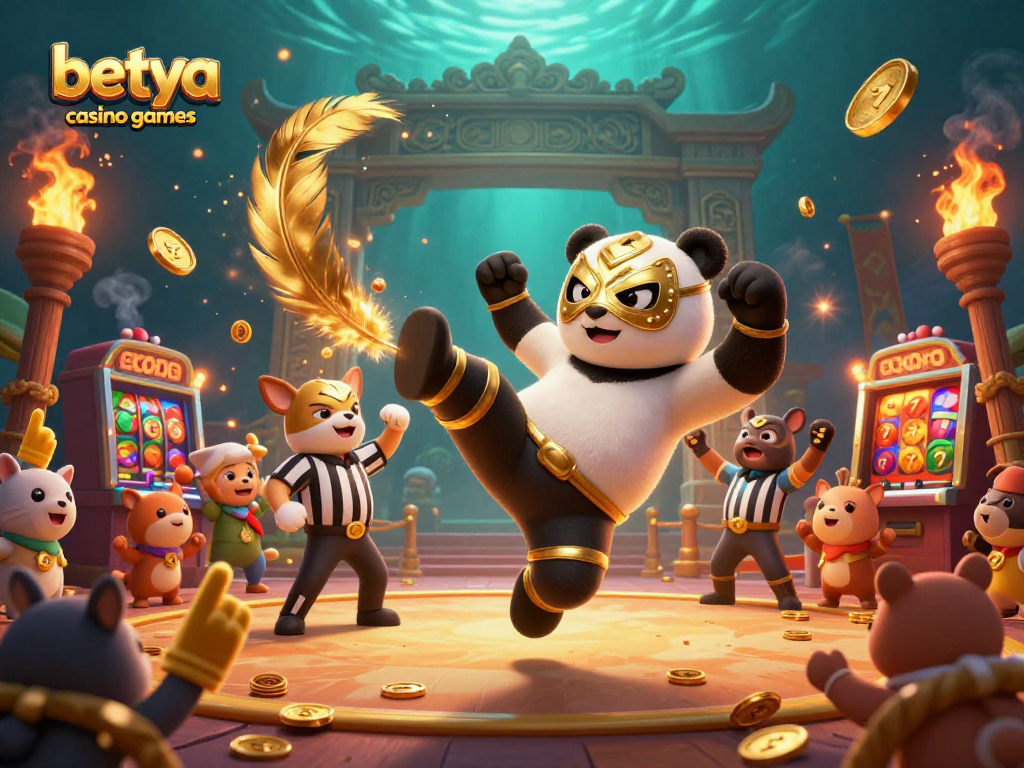Experience betya casino games with an exciting scene featuring a lucha libre panda and friends in action.