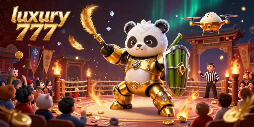Experience luxury 777 in a vibrant casino battle featuring a golden panda mech in a dynamic gaming arena.