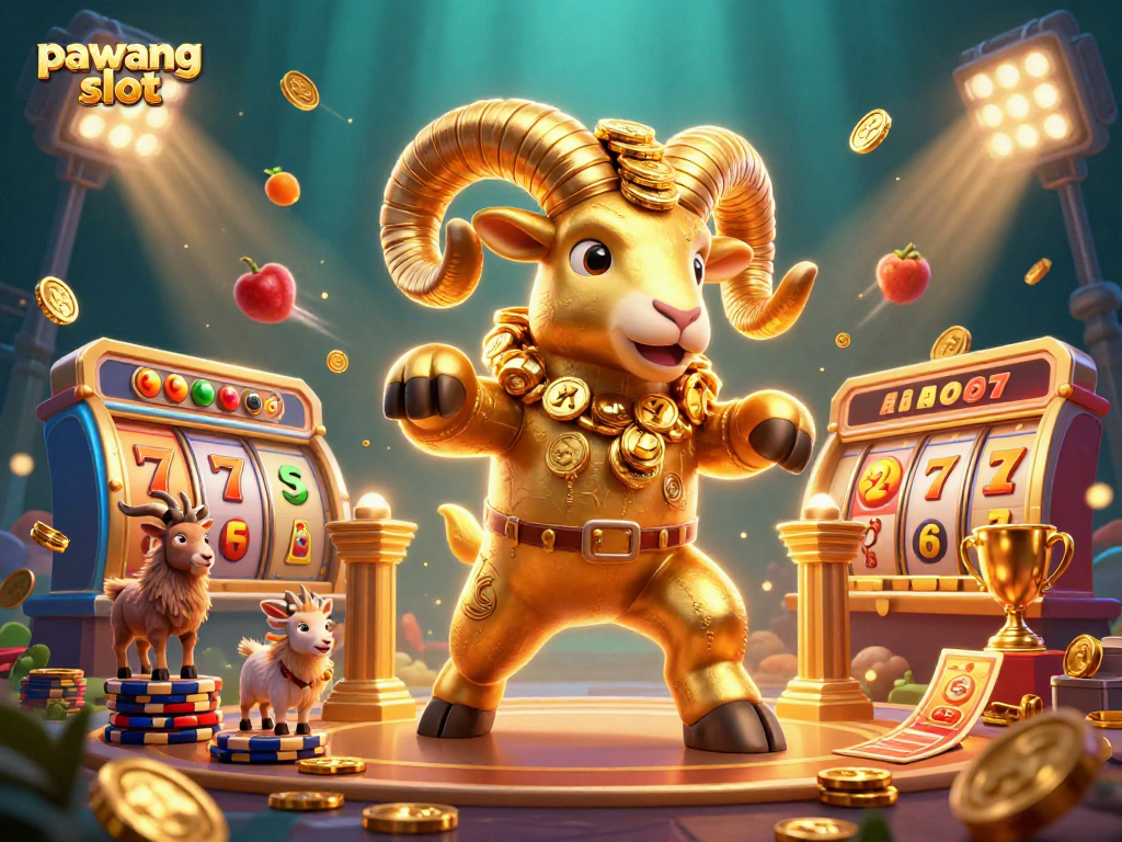 Pawang slot menghadirkan ram emas berputar dengan simbol slot, meriah dan penuh action dalam permainan kasino.