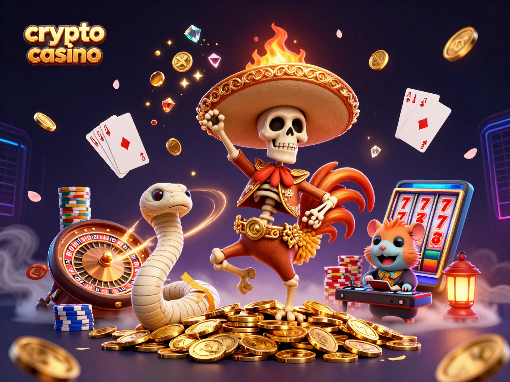 Experience excitement in a crypto casino with animated characters celebrating over glowing coins and games.