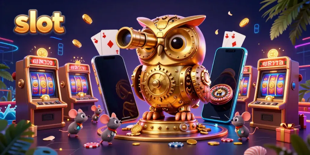 Experience the excitement of slot games as golden owls and mice animate the casino floor.