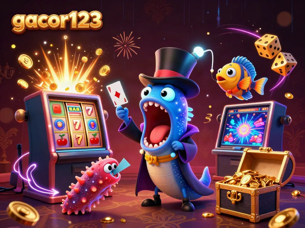 Experience the thrill of gacor123 with a vibrant 3D casino scene featuring marine characters and dynamic elements.