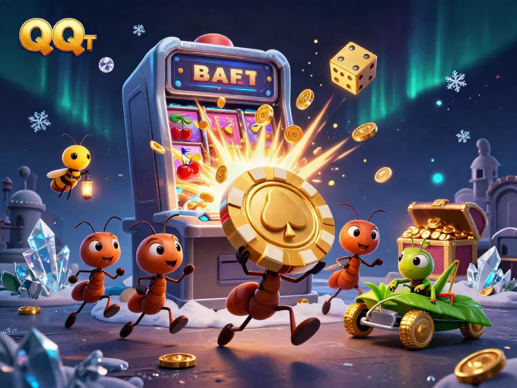 Ants carrying a giant poker chip in a tunnel, celebrating QQ SLOT with vibrant casino elements.