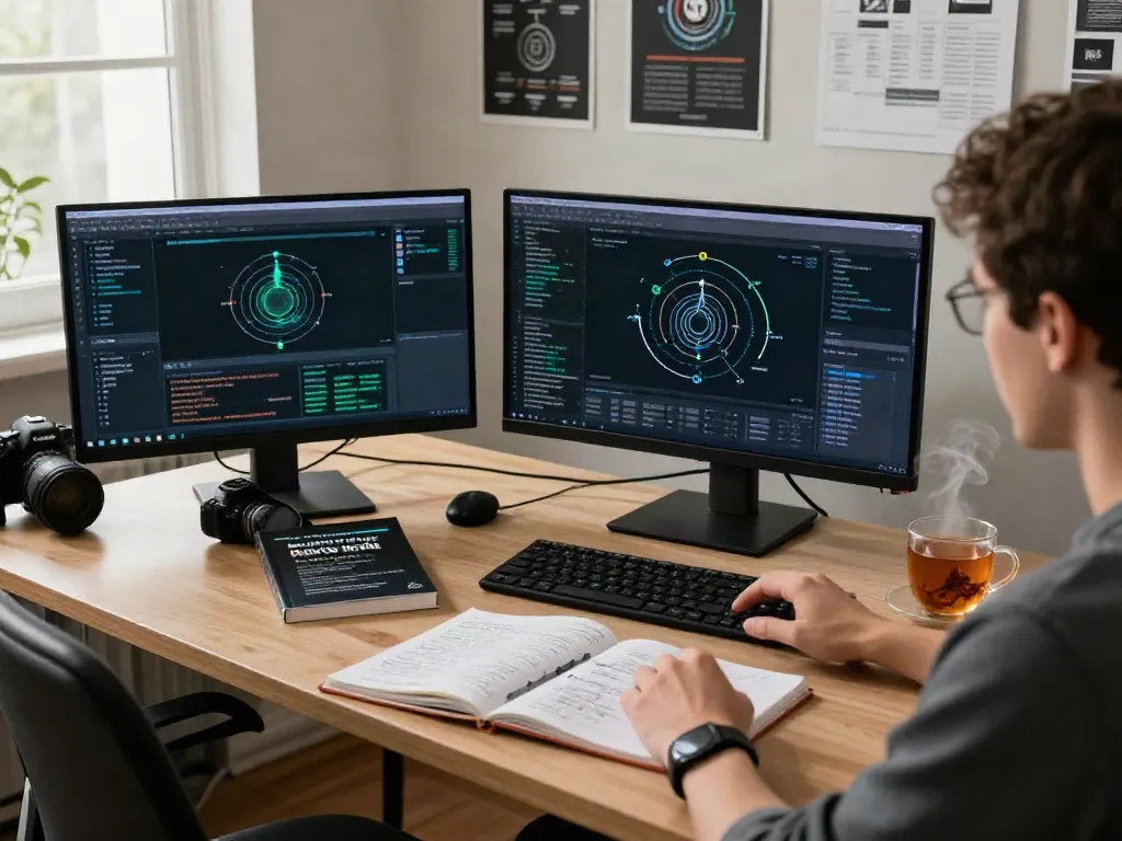 Person researching hidden wiki dark web in a cozy workspace with data visuals and cybersecurity posters.