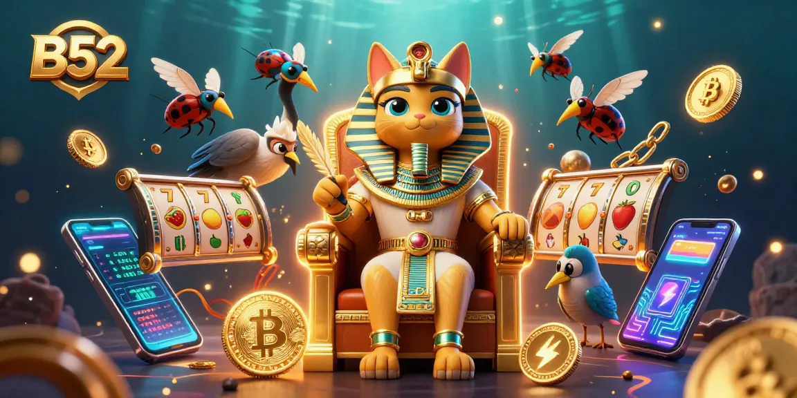 Engage in thrilling slots with B52 featuring a cartoon pharaoh cat and dazzling game elements