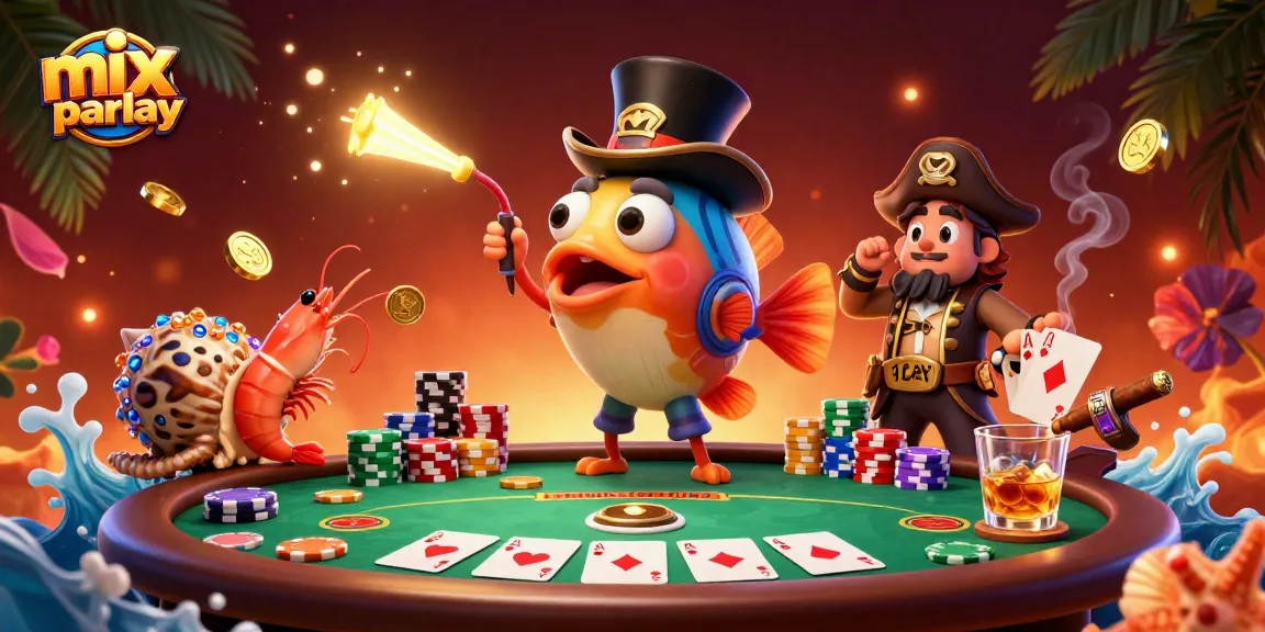 Menggunakan mix parlay, ikan pemancing dalam topi menarik koin emas dengan pencahayaan dramatis.
