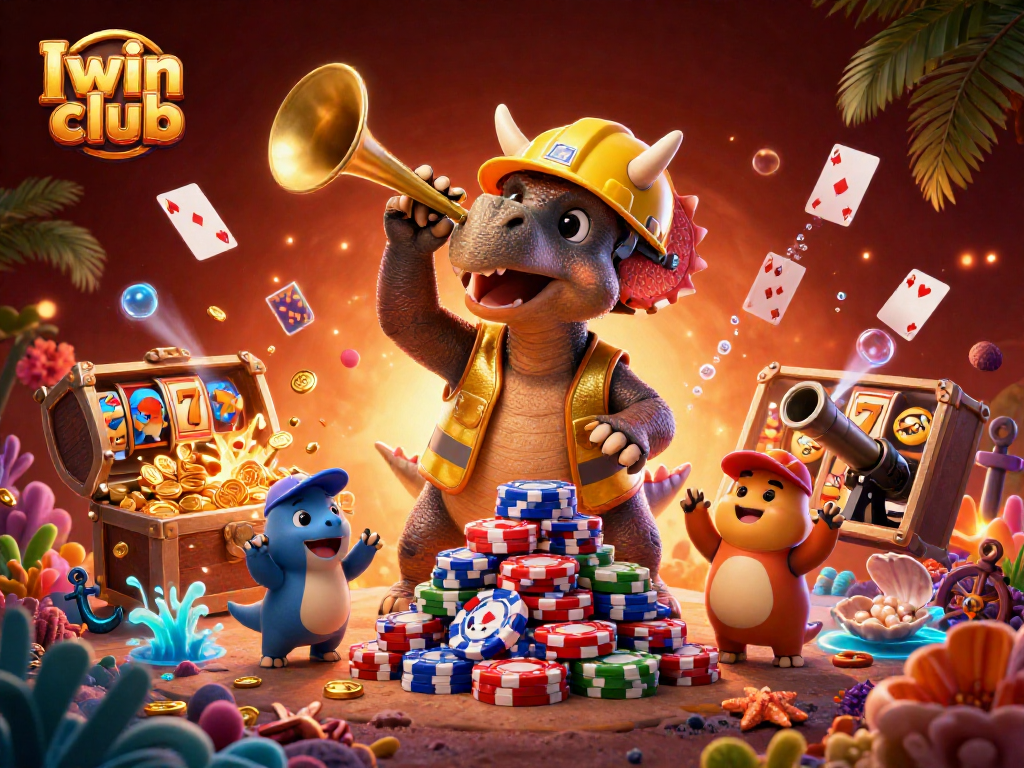 Experience the excitement at Iwin club with a vibrant casino-themed celebration filled with characters and action.