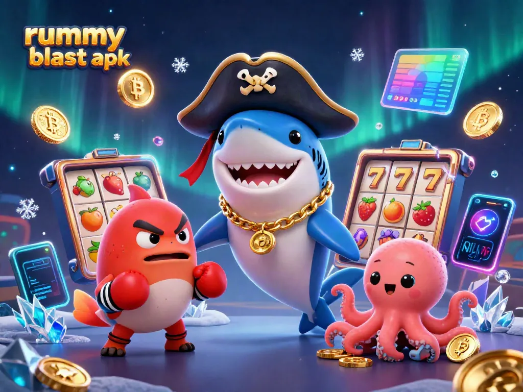Experience thrilling action with rummy blast apk as playful characters surround vibrant slot reels and crypto elements.