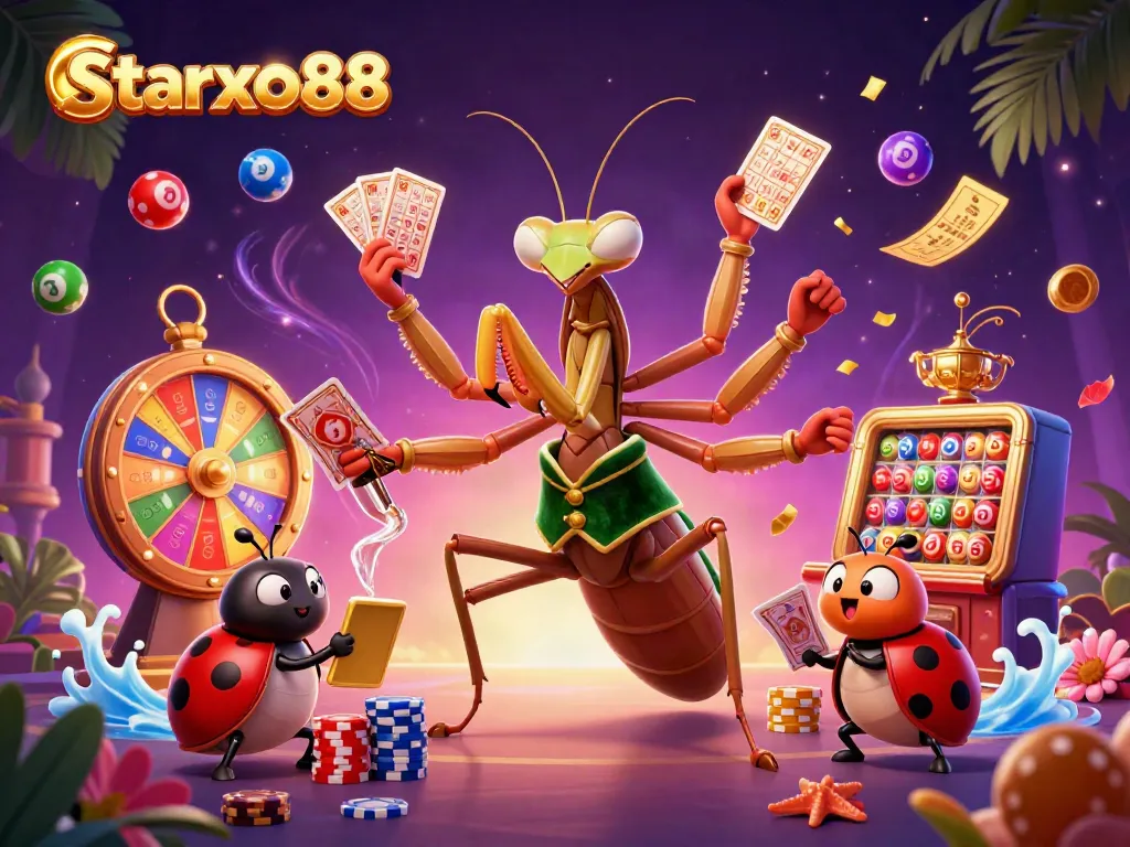 Experience starxo88 excitement with a cartoon mantis and colorful lottery elements in a vibrant casino scene.