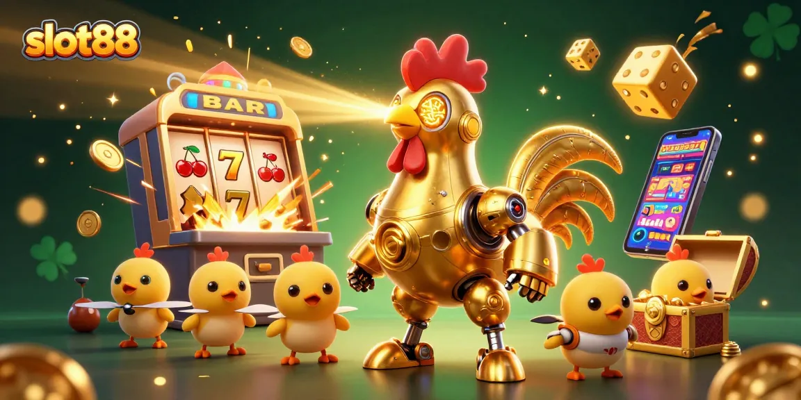 Menggandakan peluang menang di slot88 dengan ilustrasi robot ayam emas dan permainan slot menarik.
