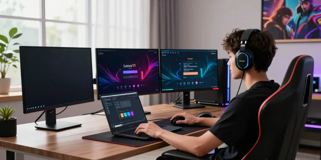 Engaged user on Luxury111 platform showcasing login interface in a modern home gaming setup.