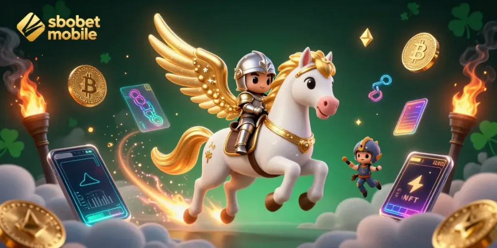 Engage with sbobet mobile for thrilling wins, illustrated with a celestial knight on a horse.