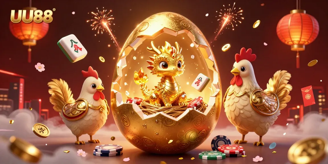 Experience the vibrant UU88 world with a 3D gold dragon amidst poker chips, capturing action and excitement.