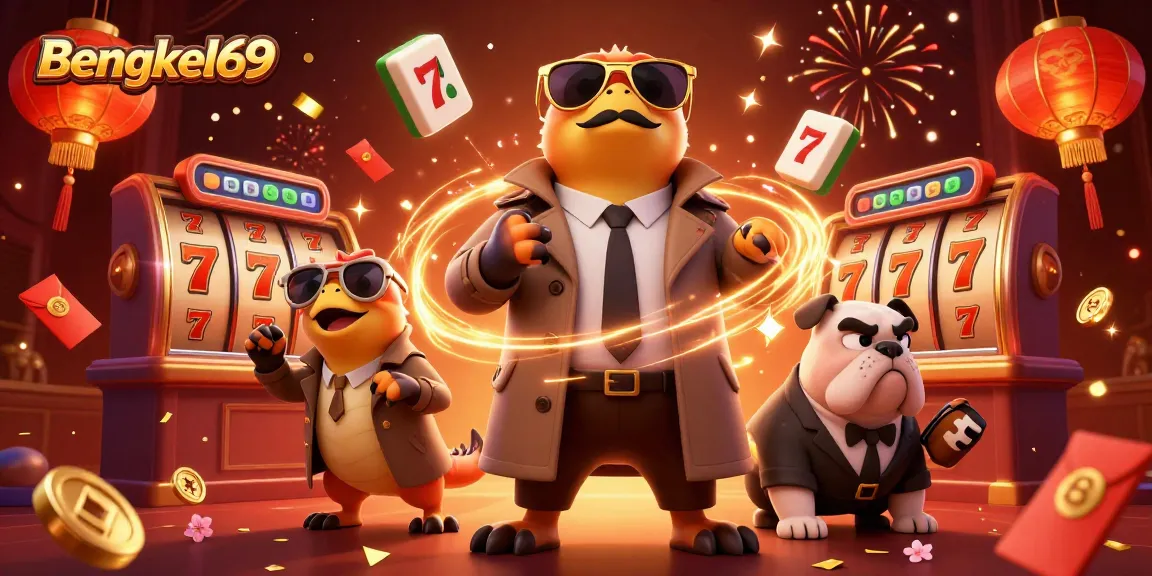Bengkel69 attracts players with vibrant slot reels and animated characters in a lively casino scene.