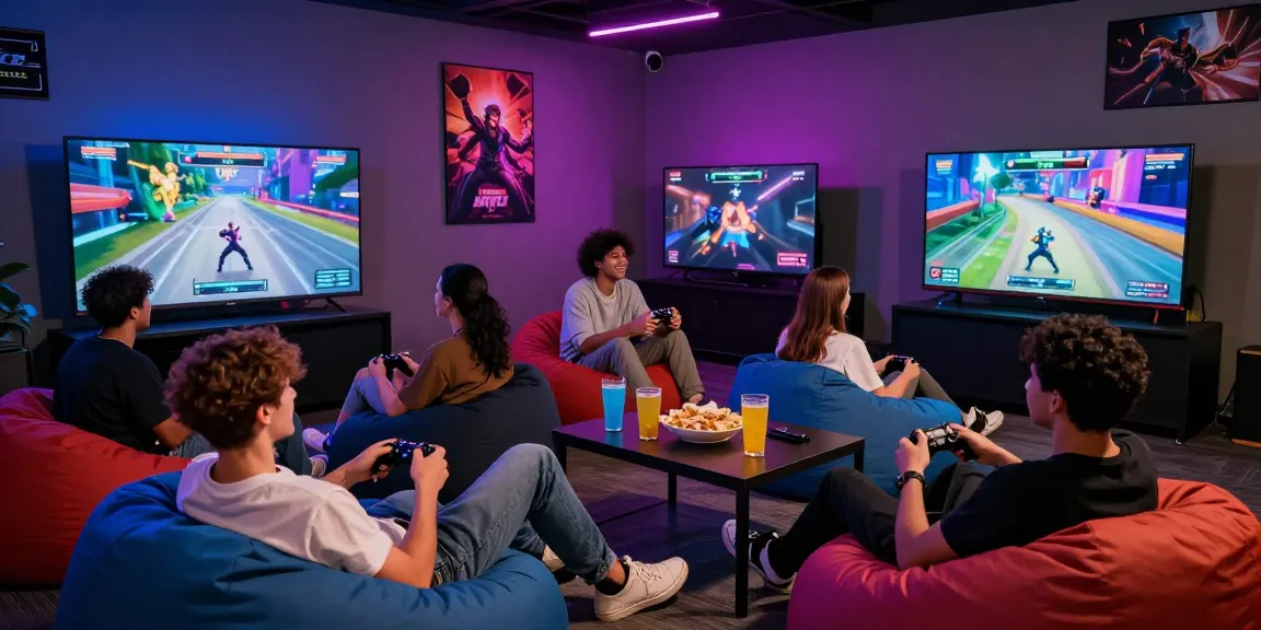Friends enjoying a lively gaming session at a hit club, vibrant atmosphere.